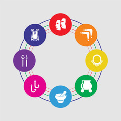 8 colorful round icons set included clothes, weapon, hook, mortar, pot, necklace, boomerang, moai
