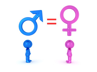 Two 3D Characters with gender equality symbol above them