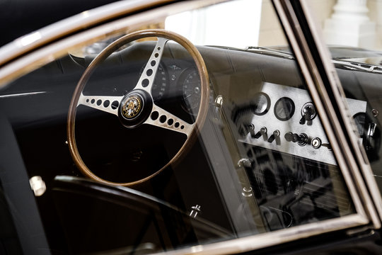 vintage car interior driver seat of a Jaguar E-Type