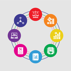 8 colorful round icons set included hierarchical structure, analytics, bill, book, deal, growth, money, balance
