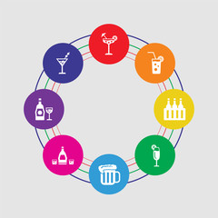 8 colorful round icons set included martini, whiskey, rum, beer, tequila sunrise, beer, mojito, margarita