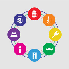 8 colorful round icons set included tuba, hat, pint of beer, pants, moustache, ham, violin, beer