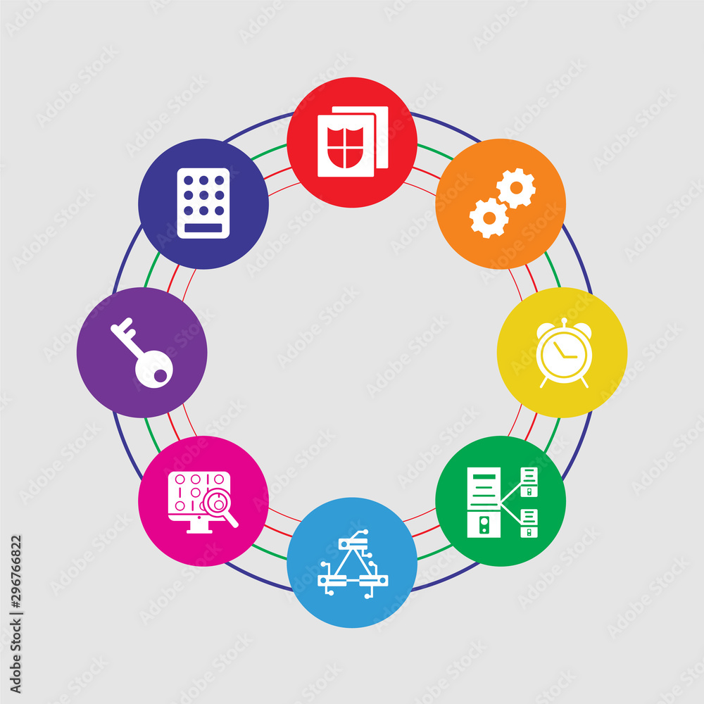Poster 8 colorful round icons set included keypad, key, binary code, server, server, alarm, settings, file