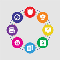 8 colorful round icons set included banned, database, locked, file, ssl, infected, shield, shield