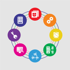 8 colorful round icons set included keypad, key, binary code, server, server, alarm, settings, file