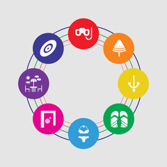 8 colorful round icons set included disc golf, terrace, solstice, bikini, flip flops, anchor, watermelon, snorkel
