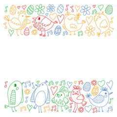 Pattern kids fabric, textile, nursery wallpaper. Vector illustration. Hand drawn singing birds and flowers for little children.