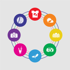 8 colorful round icons set included watermelon, photo camera, milkshake, seagull, caravan, sand castle, sun, shirt