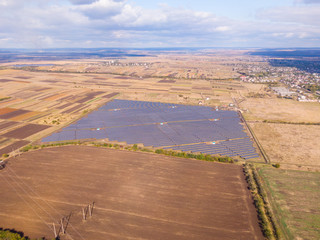 Aerial view of Solar Panels Farm solar cell with sunlight.