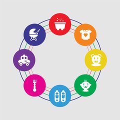 8 colorful round icons set included baby carriage, car, fork, girl shoes, baby crying, bear, baby clothes, bathtub