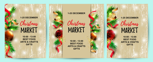 Merry Christmas, Happy New Year cards set with new year tree, red and golden balls on wood background.  Great for invites, sale, greetings, christmas market, flyer. Place for text. Vector illustration