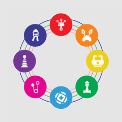 8 colorful round icons set included keys, pyramidal toy, pin, ball, bell rattle, bib, rattle, rattle