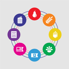 8 colorful round icons set included letter, tablet, united states of america, canada, turkey, chestnut, wheat, pear