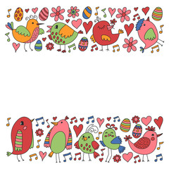 Pattern kids fabric, textile, nursery wallpaper. Vector illustration. Hand drawn singing birds and flowers for little children.