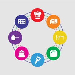 8 colorful round icons set included ice cube tray, scoop, pot, bottle opener, mould, table, cabinet, chef hat