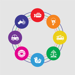 8 colorful round icons set included tricycle toy, car toy, ball toy, duck ride on fire truck bucket submarine