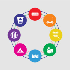 8 colorful round icons set included dough toy, beach ball toy, tent toy, castle shapes xylophone scooter keyboard