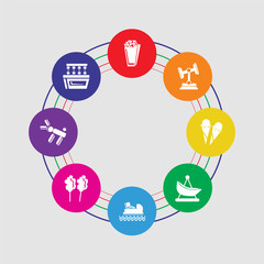 8 colorful round icons set included showcase, balloon dog, cotton candy, pedal boat, boat, ice cream, roll o plane, popcorn