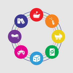 8 colorful round icons set included domino, eye mask, gamepad, dice, ace of clubs, bumper car, party hat, sailing boat