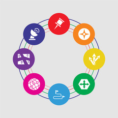8 colorful round icons set included radar, map, world, route, move, turn, windrose, push pin