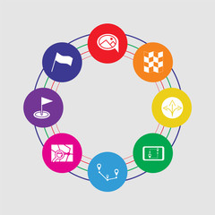 8 colorful round icons set included flag, pin, map, route, location, turn, map, chat