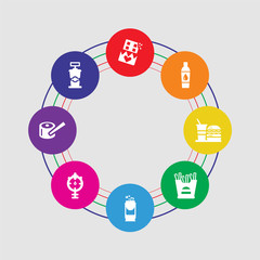 8 colorful round icons set included cup, sushi, cooking, can, french fries, fast food, beverage, chocolate