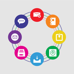8 colorful round icons set included chat, mail, inbox, inbox, inbox, dossier, mail