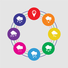 8 colorful round icons set included storm, storm, rainy, snowy, snowy, rainy, snowy, placeholder