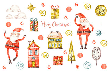 Christmas nursery set with happy cute Santa Claus, christmas tree, gifts. Watercolor naive handpainted illustration. Winter xmas illustration. Illustration isolated. Christmas decoration.