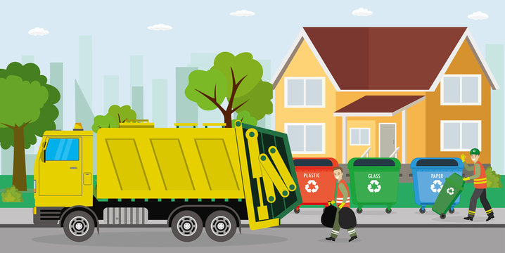 Three containers with trash.Urban waste recycling. Garbage truck and garbage man collectors. Separate garbage collection.