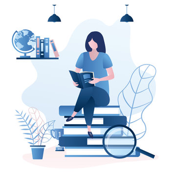 Beauty girl student sitting on pile of books. Female character reading book