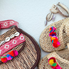 Bohemian straw wicker bag and slippers. Boho stile mosk up.