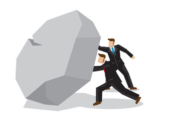 Illustration of two businessmen lifting a giant rocktogether. Metaphor concept of obstacles challenge, teamwork; breakthrough, business risk.
