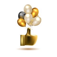 Big gold sign on balloons, on white background.