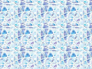 Seamless hand painted watercolor triangle torn paper cool freeze winter blue geometric stained-glass mosaic pattern background. Christmas winter frosty decor, gift wrapping paper, wallpaper, fabric.