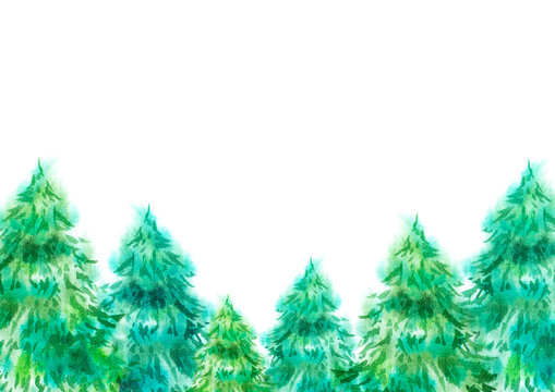 Hand painted new year Christmas watercolor green fir tree pines forest isolated poster form background element line ornament with free blank copy space for text. Greeting card, poster, invitation etc.