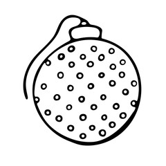 Vector hand drawn outline illustration of Christmas tree ornament. Black contour doodle, line art style. New Year and Christmas decoration. Coloring book design element. Poster, greeting card template