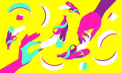 hands and banana, pop art style, contrast colors, flat illustration