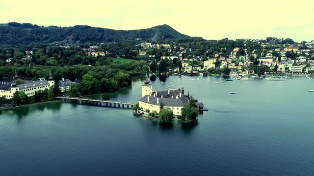 Aerial view of Gmunden Schloss lake in Austria