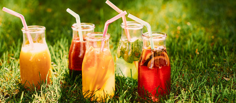 Healthy diet. Organic homemade drink. Fresh cold smoothie lemonade assortment on green grass.