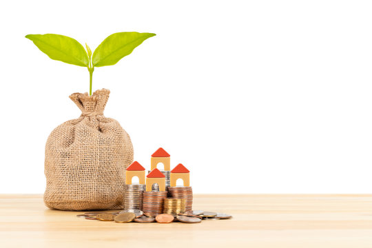 Money sack and tree leaves, with coin stack snf mini house, on white background, mortgage saving concept