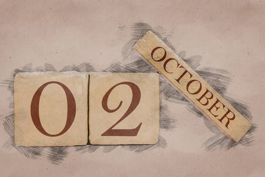 october 2nd. Day 2 of month, calendar in handmade sketch style. pastel tone. autumn month, day of the year concept