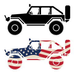 Off road 4x4 vehicle with USA flag and black isolated vector illustration