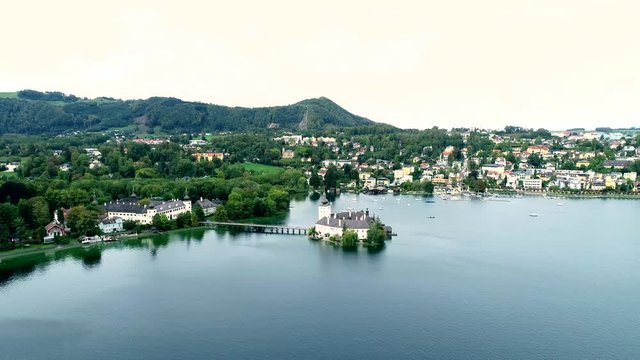 Aerial view of Gmunden Schloss with Traunsee lake in Austria