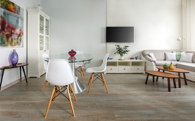 Trendy designed dining and living rooms in white lagom Scandinavian style. Elegant contemporary loft concept