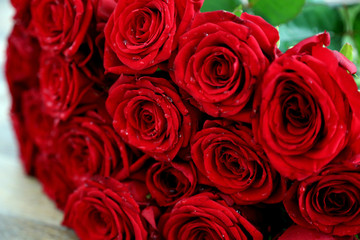 Luxurious bouquet of red roses. Beautiful flowers.