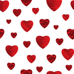 Bouncy heart vector pattern seamless background design print. Red and white textured hearts illustration.