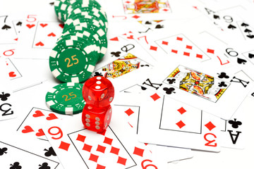 Table games at the casino with cards dice and casino chips