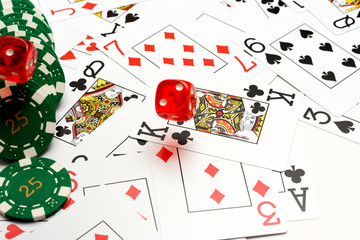 Table games at the casino with cards dice and casino chips