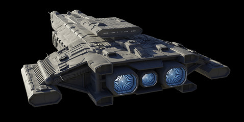 Science fiction illustration of a spaceship carrier vessel with glowing blue engines, isolated on black in rear angled view, 3d digitally rendered illustration © Algol